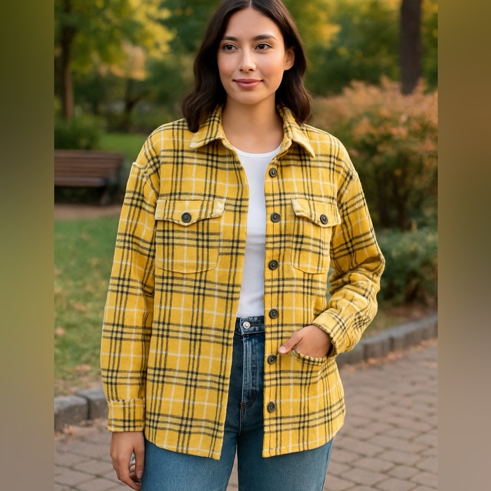 Forever 21 Yellow Plaid Shacket Size M Camping Hiking Rustic Wear Cozy Winter